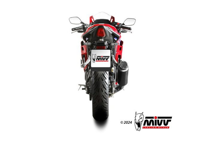 MIVV GP Pro Silencer H.093.L2P på Honda motorcykel sedd bakifrån. Stilren design med sportigt ljudsystem för optimal prestanda.