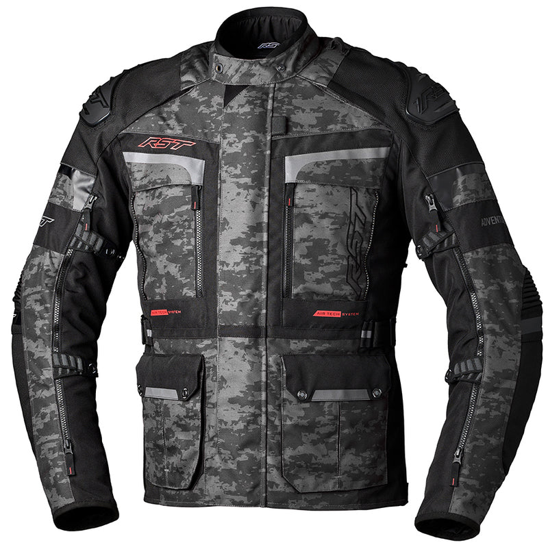 RST Textil Mc-Jacka Adventure-X Camo i svart och grått kamouflagemönster, med flera fickor och skyddspaneler fram. Perfekt för motorcykelåkning.