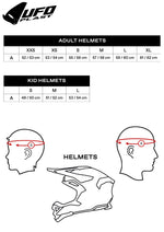 Storlekstabell för UFO Jet Mc-Hjälm Sheratan Flu, med mått för vuxna och barn samt illustration av hjälmmätning.