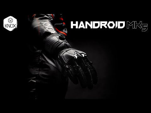 Knox Handroid MK5 mc-handskar i svart med futuristisk design och högkvalitativt skydd, visade i en mörk bakgrund.