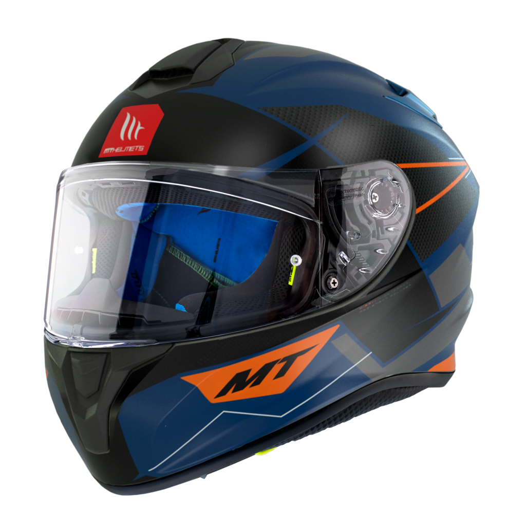 MT Helmets Integral Mc-Hjälm Targo Podium Azul med blå och orange grafik, visir och aerodynamisk design för motorcykelsäkerhet.