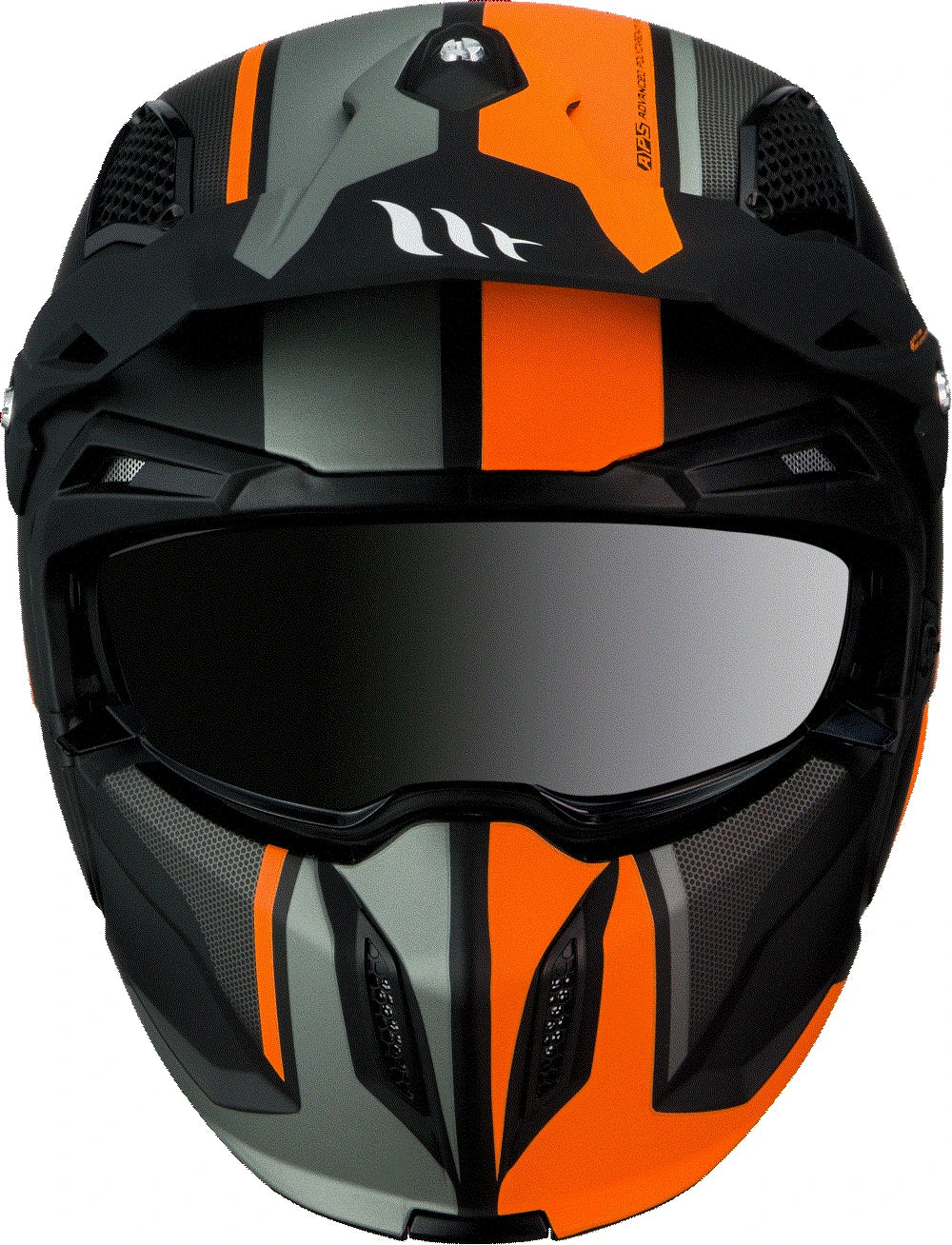 Framifrån av MT Helmets Streetfighter Twin Orange med integrerat visir och aggressiv design för stadskörning.