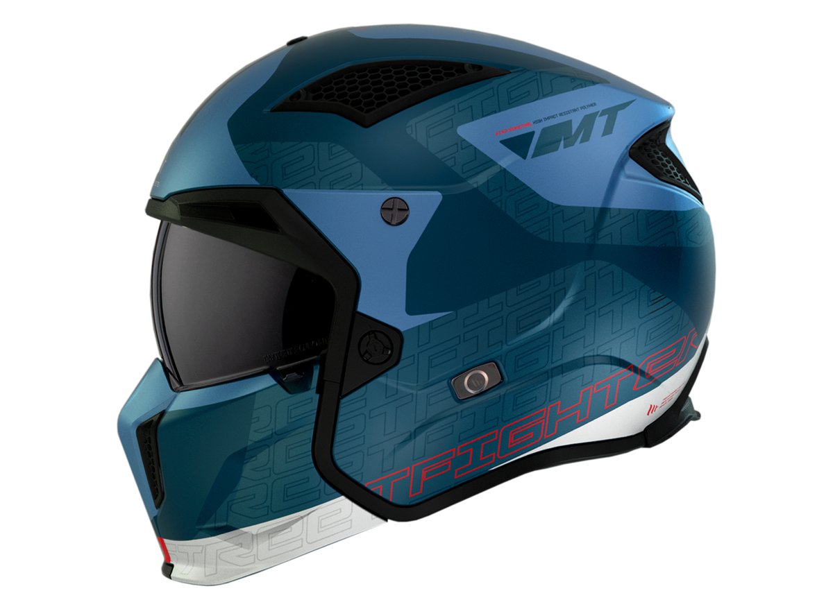 Sida av MT Helmets öppen mc-hjälm Streetfighter SV S Totem C17 i blått med aerodynamisk form och grafikdetaljer.