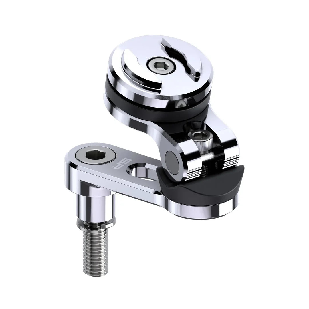 SP Connect Bar Clamp Mount Pro i silverfinish, tillverkad av robust CNC-bearbetat aluminium för motorcykelstyre.