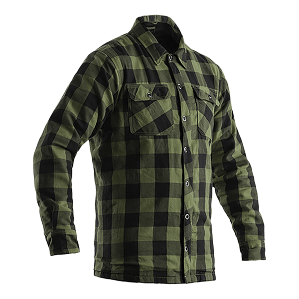 RST Kevlar Mc-Skjorta Lumberjack Grön med slitstarkt kevlarfoder och klassisk grön-svart rutig design. Perfekt för motorcyklister som söker stil och skydd.