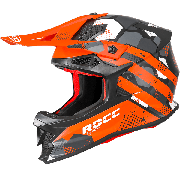 Rocc Cross Mc-Hjälm 800 i svart och orange med justerbar skärm och modern design. Perfekt för motocross och säker körning.