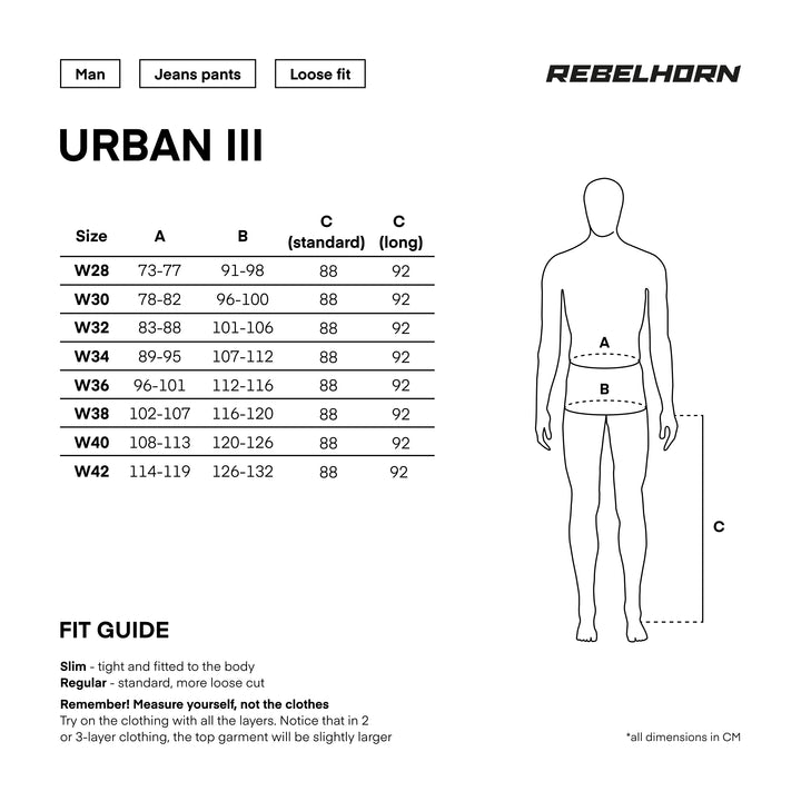 Storleksguide för Rebelhorn Kevlar Mc-Jeans Urban III Blå med måttangivelser. Hjälper motorcyklister att hitta rätt passform för optimal komfort.