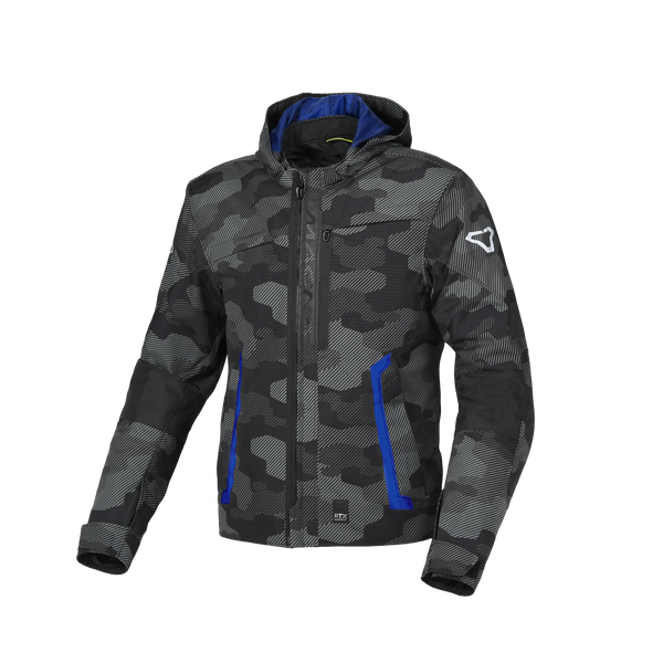 Motorcycle Jacket Macna, Riggor Black Gray Camo/Blue