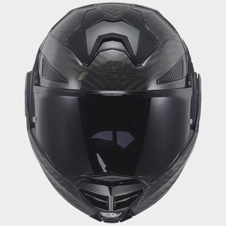 Framsida av LS2 Advant X Carbon svart mc-hjälm med tonat visir och modern design för optimal sikt och skydd.