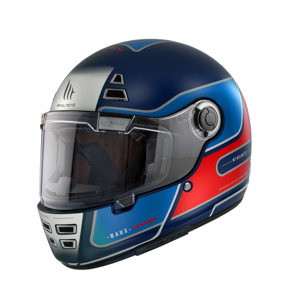 MT Helmets Integral Mc-Hjälm Jarama BAUX B7 Blå Matt med aerodynamisk design, visir och ventilationssystem. Passar stadskörning och motorcykelentusiaster.