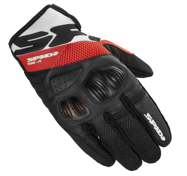 Spidi Mc-Handskar Flash-R Evo Svart/Röd med skyddande knogskydd och ventilerande meshpaneler för motorcykelförare.