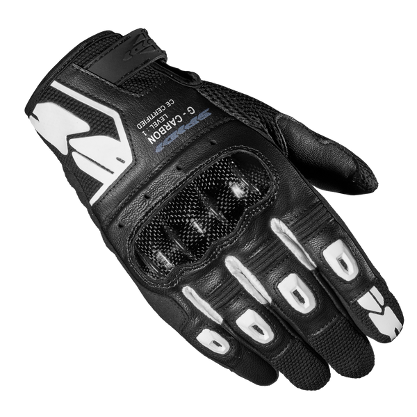 Spidi Mc-Handskar G-Carbon Svart/Vit med kolfiberknogar och ventilerad design för optimal skydd och komfort vid motorcykelkörning.