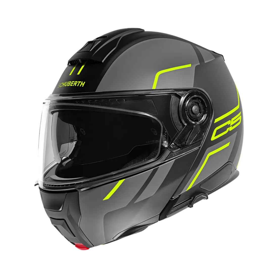 Schuberth C5 MC-hjälm i svart med gula detaljer, visir stängt. Köp nu med specialerbjudande.