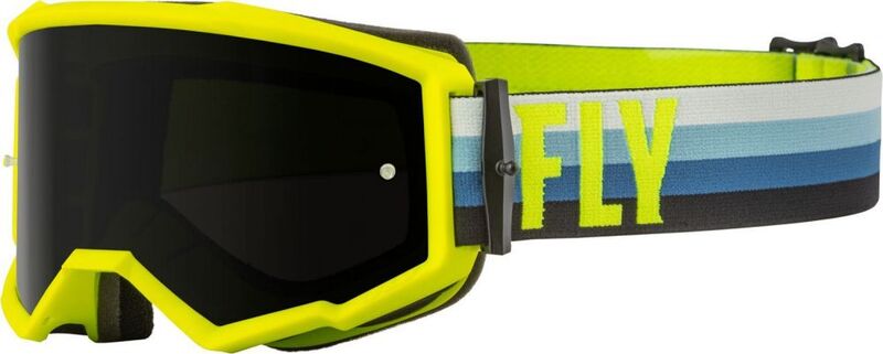 Fly Racing Goggles Zone Hi-Vis/Teal med neongul ram och mörkt glas, justerbart band med blå och vita ränder för motocross och motorcykel.