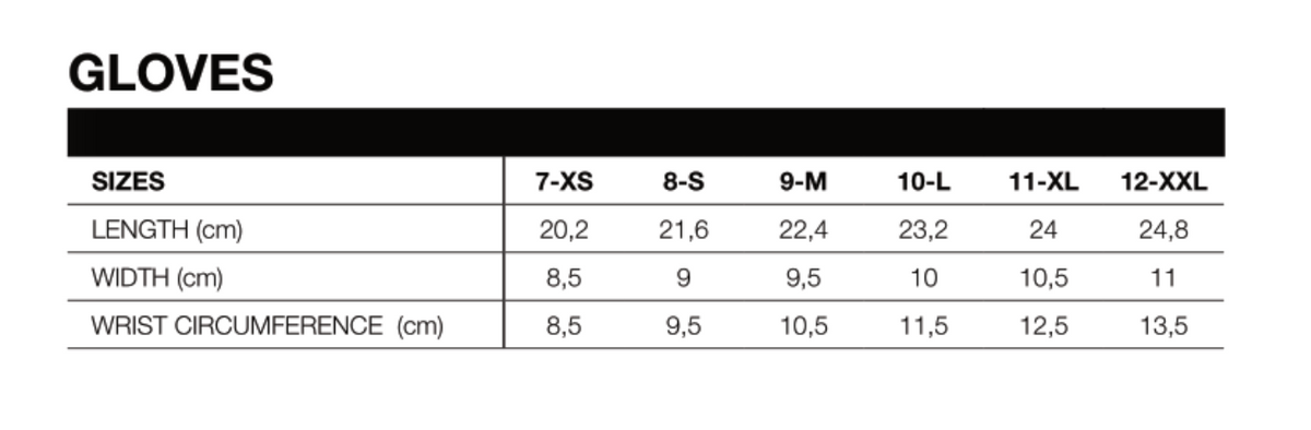 Storlekstabell för RST Sport Mc-Handskar Tractech Evo 4 Flu med längd, bredd och handledsomkrets i centimeter för olika storlekar.