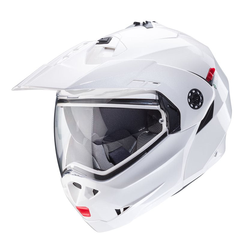 Caberg Adventure Mc-Hjälm Tourmax X Vit med robust design, integrerat visir och ventilation, idealisk för motorcykelentusiaster. Finns i storlekar XS till XL.