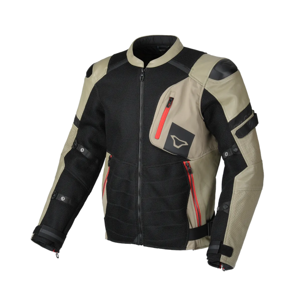 Macna Mc-Skinnjacka Olsan Svart/Beige med ventilerande paneler, röda dragkedjor och förstärkta axelpartier. Perfekt för motorcyklister.
