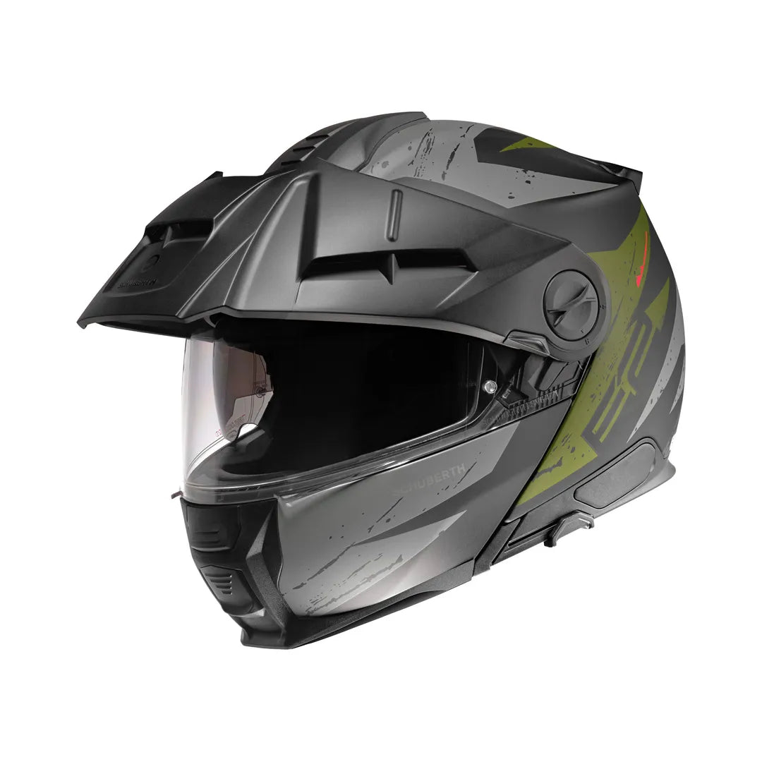 Schuberth öppningsbar mc-hjälm E2 Explorer Khaki med visir och aerodynamisk design, idealisk för motorcyklister i stad och terräng.