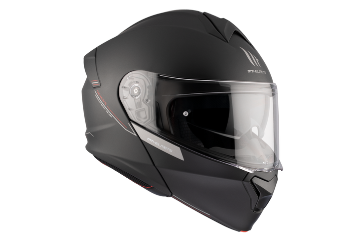 MT Helmets öppningsbar mc-hjälm Genesis SV matt svart, snett framifrån med klart visir och stilren design.