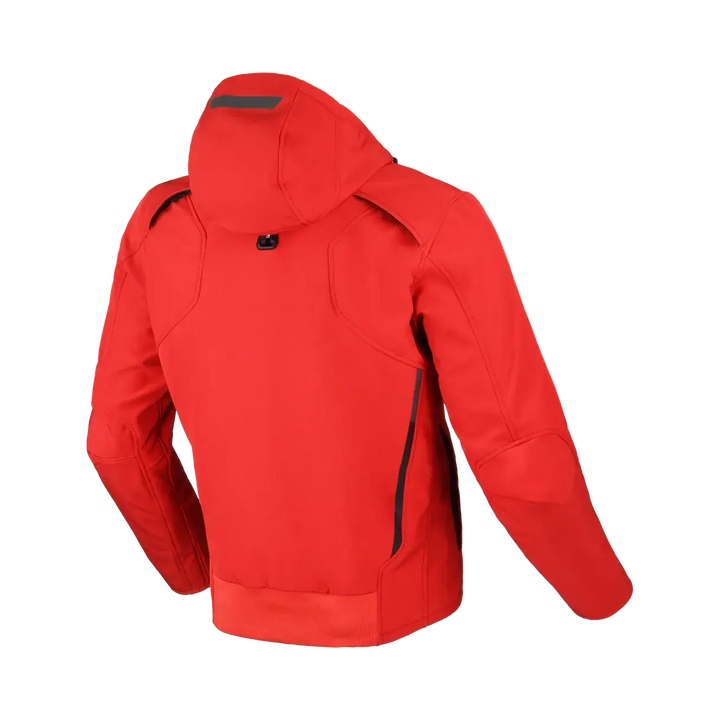 Macna Softshell Mc-Jacka Atracor Röd, baksida med justerbar huva och ergonomisk design för motorcykelåkning.