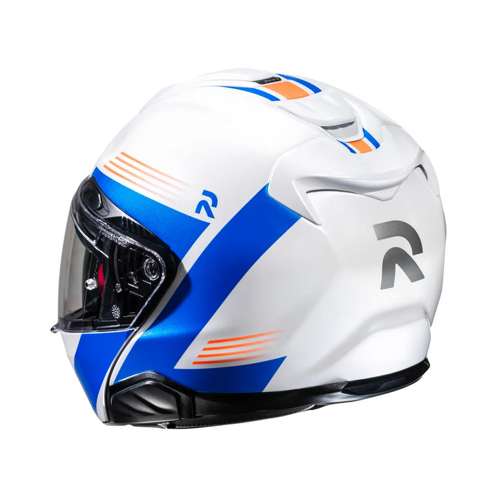 Baksida av HJC RPHA 91 Abbes mc-hjälm i vit och blå med orange detaljer, aerodynamisk form och säkerhetsfunktioner.