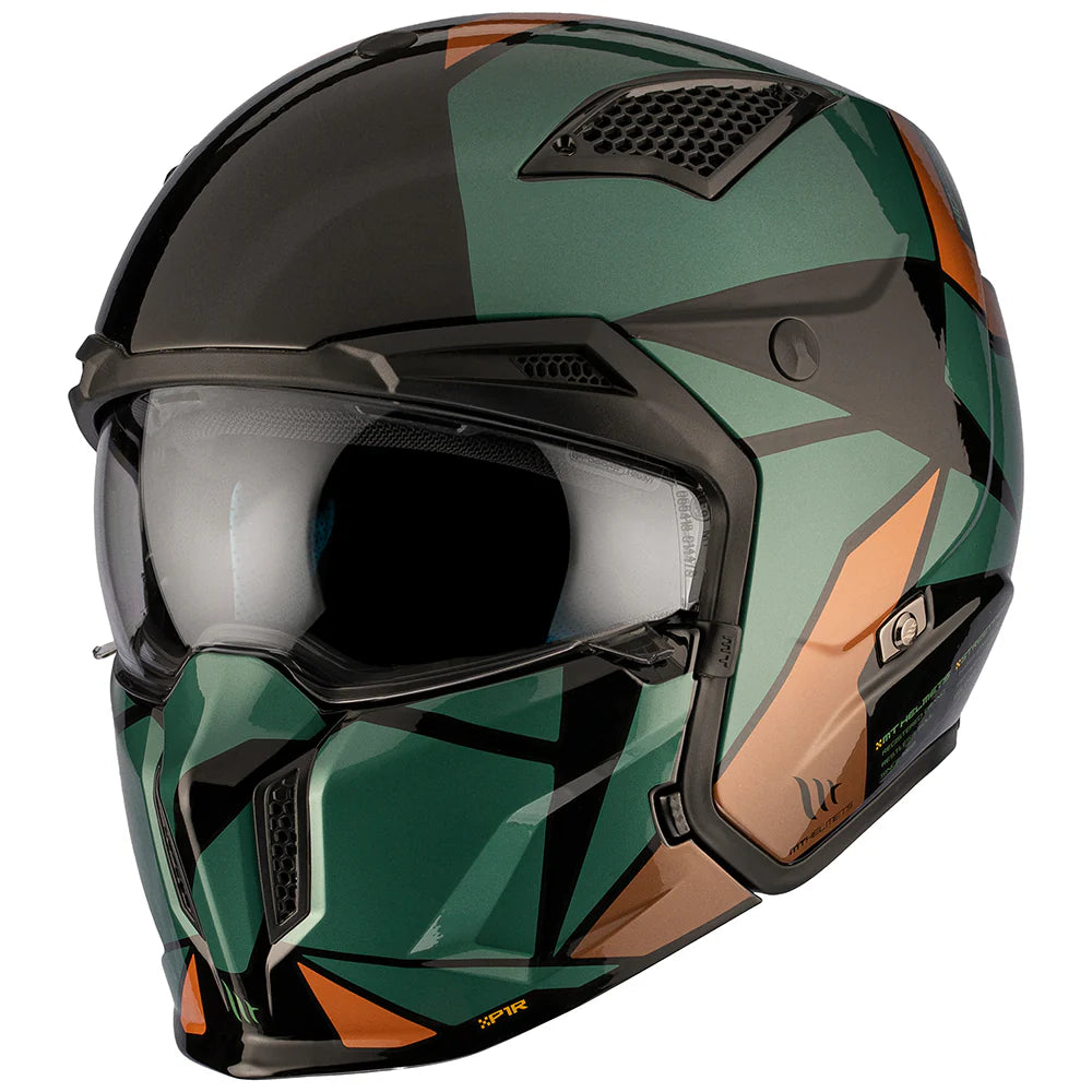 MT Helmets öppen Mc-hjälm Streetfighter SV S P1R i grönt med integrerat visir och robust konstruktion. Passar både dam och herr.