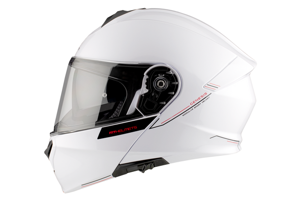 MT Helmets öppningsbar mc-hjälm Genesis SV vit, sidovy med elegant design och integrerat visir. Perfekt för stadskörning och touring.