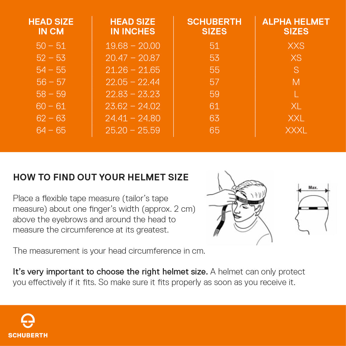 Storlekstabell för Schuberth C5 Eclipse mc-hjälm med mått i cm och tum. Guide för att hitta rätt hjälmstorlek.