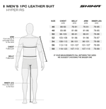 Storlekstabell för Shima Hyper-RS 1-delat mc-skinnställ med mått för bröst, midja, arm och innerben för optimal passform.