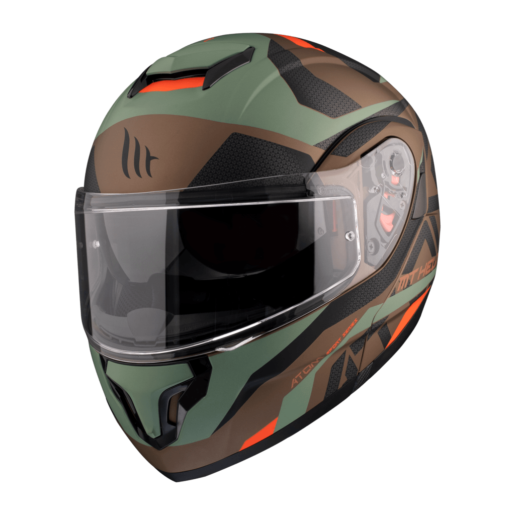 MT Helmets öppningsbar mc-hjälm Atom Camo Gold med kamouflagemönster i grönt, brunt och orange, visir och ventilationssystem framtill.