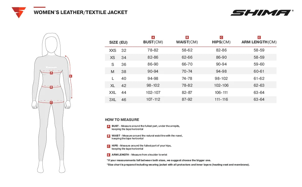 Storleksguide för Shima Dam Textil Mc-Jacka Hero 2.0 med mått för byst, midja, höfter och ärmlängd i centimeter.