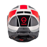 Baksidan av Schuberth Integralhjälm S3 Daytona Vit/Röd med logotyp och aerodynamiska detaljer för hög prestanda och stil.