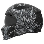 MT Helmets öppen mc-hjälm Streetfighter SV S Hellish B2 med svart och grått demonmönster, designad för stadskörning och säkerhet.