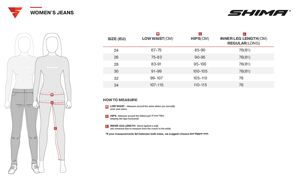 Storlekstabell för Shima Dam Kevlar Mc-Jeans Flexx Svart med mått för olika storlekar. Hjälper till att välja rätt passform för motorcykeljeans.