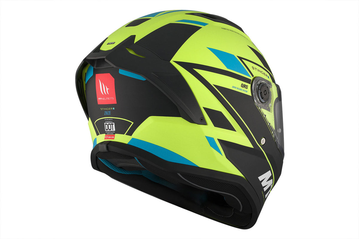 Bakre sidovy av MT Helmets Integral Mc-Hjälm Stinger 2 Zivze C3 med aerodynamisk design och DOT-certifiering, neongul och svart.