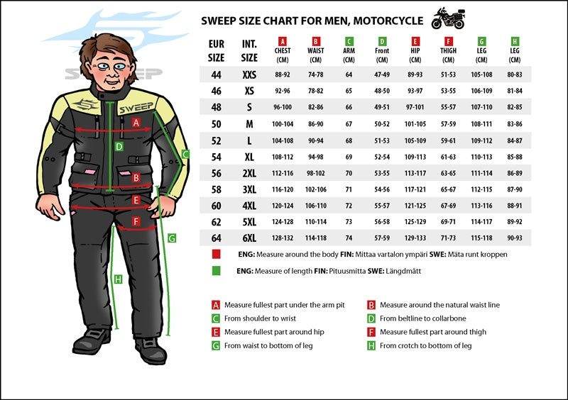 Storlekstabell för Sweep Textil Mc-Jacka Outback WP Svart med mått för bröst, midja och höft i storlekar XS-6XL. Guide för optimal passform.