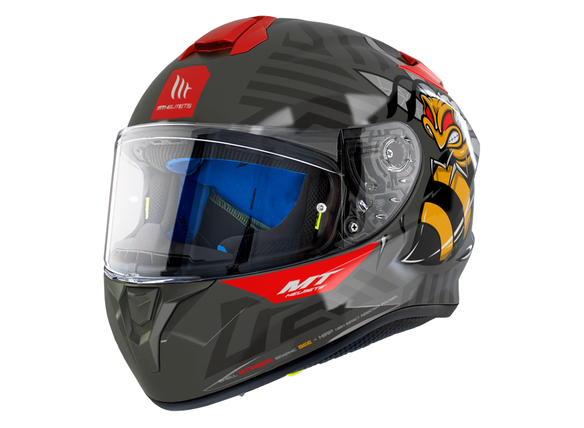 MT Helmets Integral Mc-Hjälm Targo Bee Rojo med svart och röd design, visir och gul getinggrafik. Finns i storlekar XS till XXL.