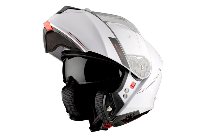 MT Helmets öppningsbar mc-hjälm Genesis SV vit, visad med uppfällt visir och solskydd. Bekväm och funktionell för motorcyklister.