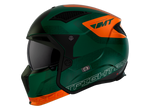 Sidovy av MT Helmets öppen mc-hjälm Streetfighter SV S Totem C6 i grönt och orange, med ventilationssystem och sportig stil.